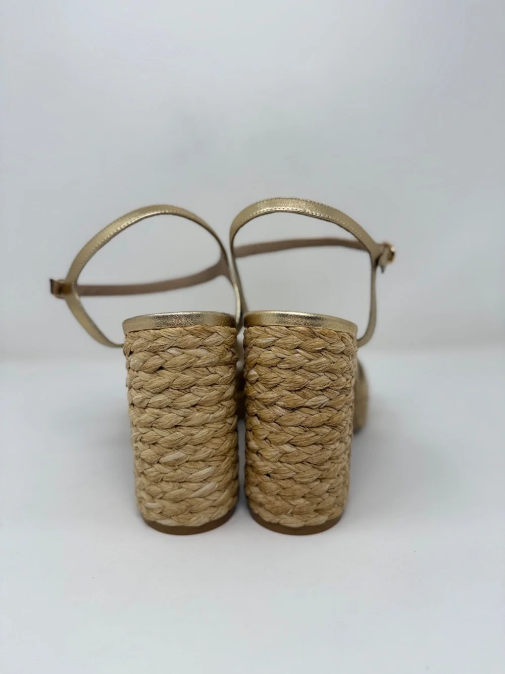 New Stuart Weitzman Dayna Metallic Leather Raffia Platform Sandal Sz 8